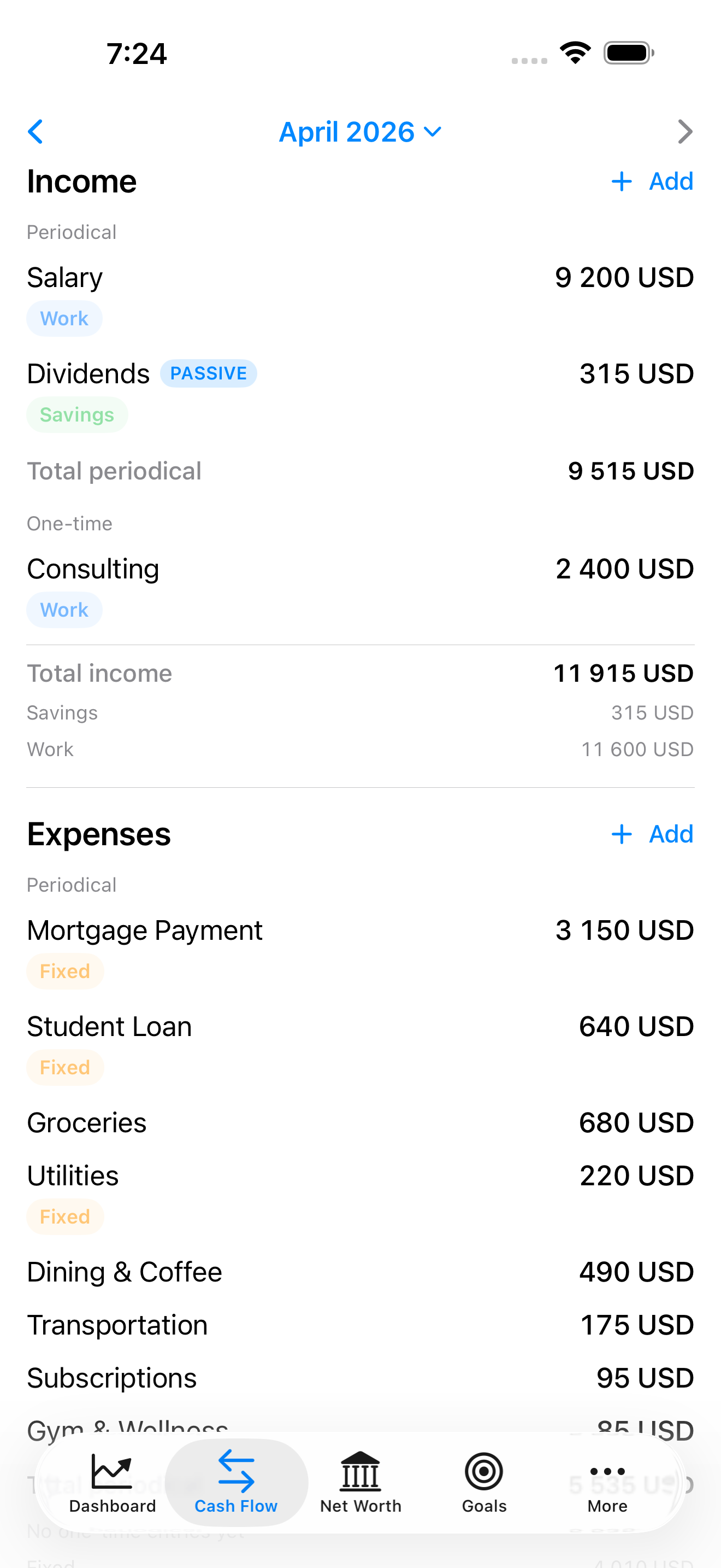 Wortly — Cash Flow screen with income, expenses, and tags